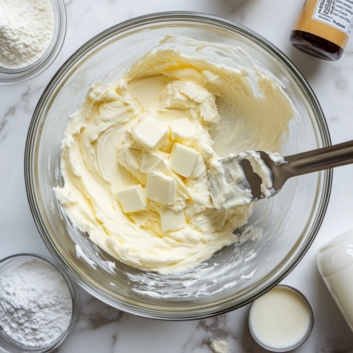 Creamy white chocolate frosting in a glass bowl with chocolate chunks and a spatula, surrounded by powdered sugar, cream, and vanilla—homemade cake prep on a marble counter.