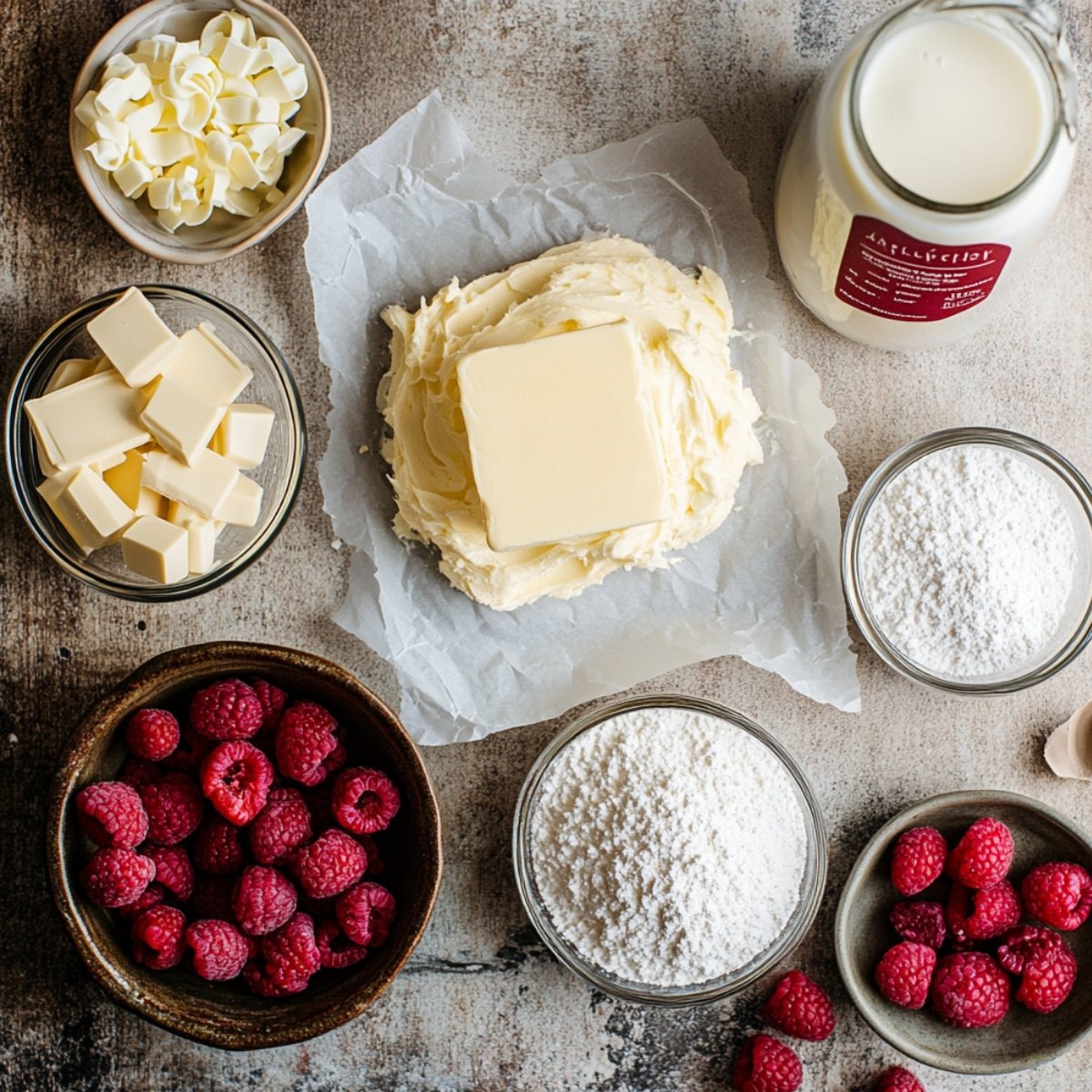 Ingredients for white chocolate raspberry cake frosting, including butter, white chocolate, powdered sugar, fresh raspberries, and cream, arranged on a rustic kitchen surface.
