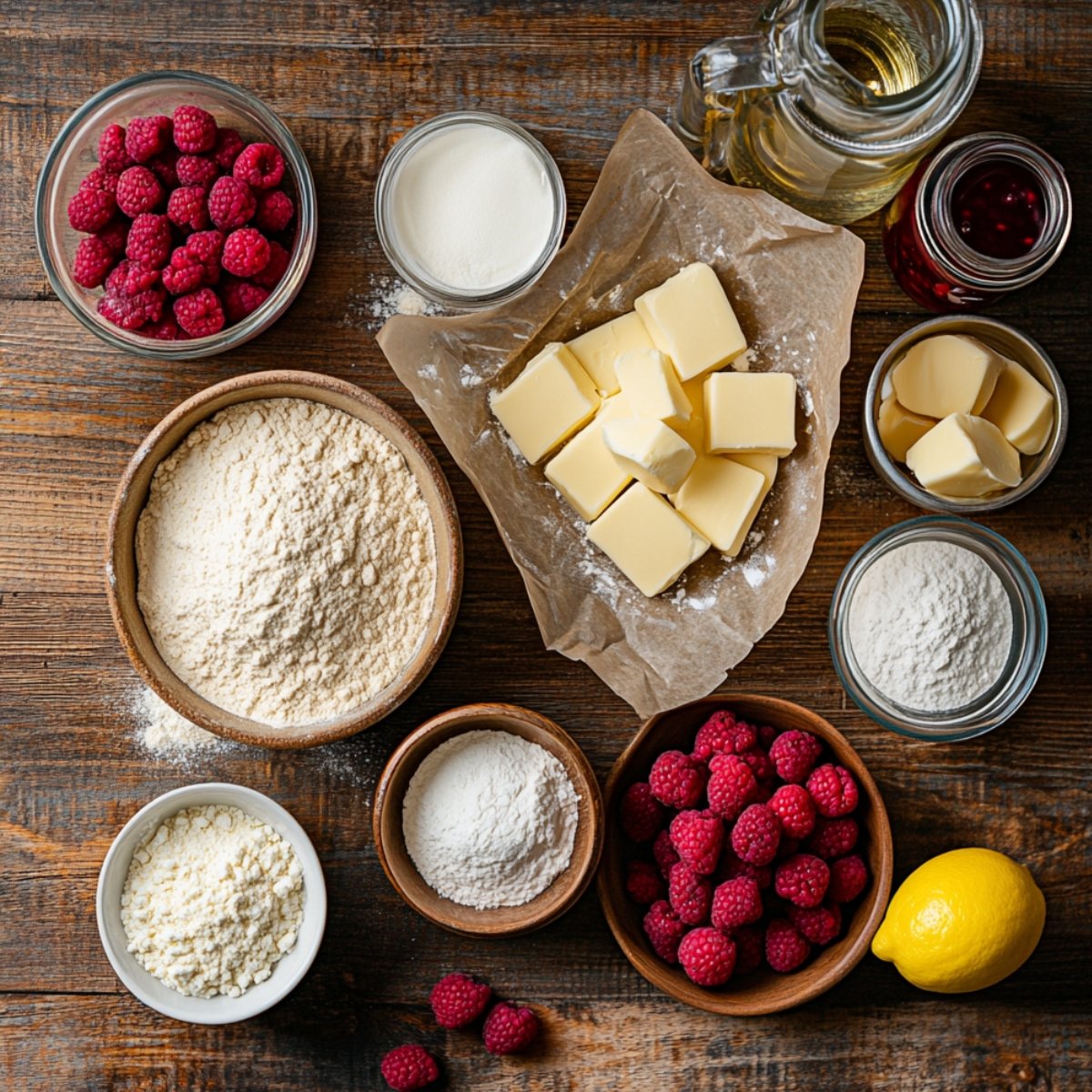 Ingredients for a homemade white chocolate raspberry cake, including fresh raspberries, cubed butter, flour, sugar, cream, lemon, and baking essentials, arranged on a rustic wooden surface.