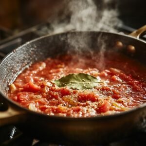 Tomato broth simmering in a pan with onions, black pepper, and a bay leaf, steam rising gently.