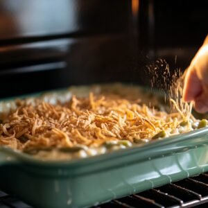 Green bean casserole in a green baking dish being topped with crispy fried onions inside an oven during baking.