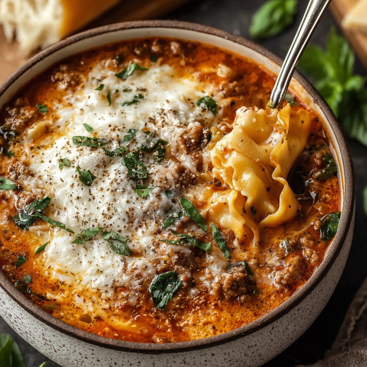 Bowl of creamy lasagna soup with lasagna noodles, melted cheese, meat sauce, and fresh herbs, a spoon lifting a bite.