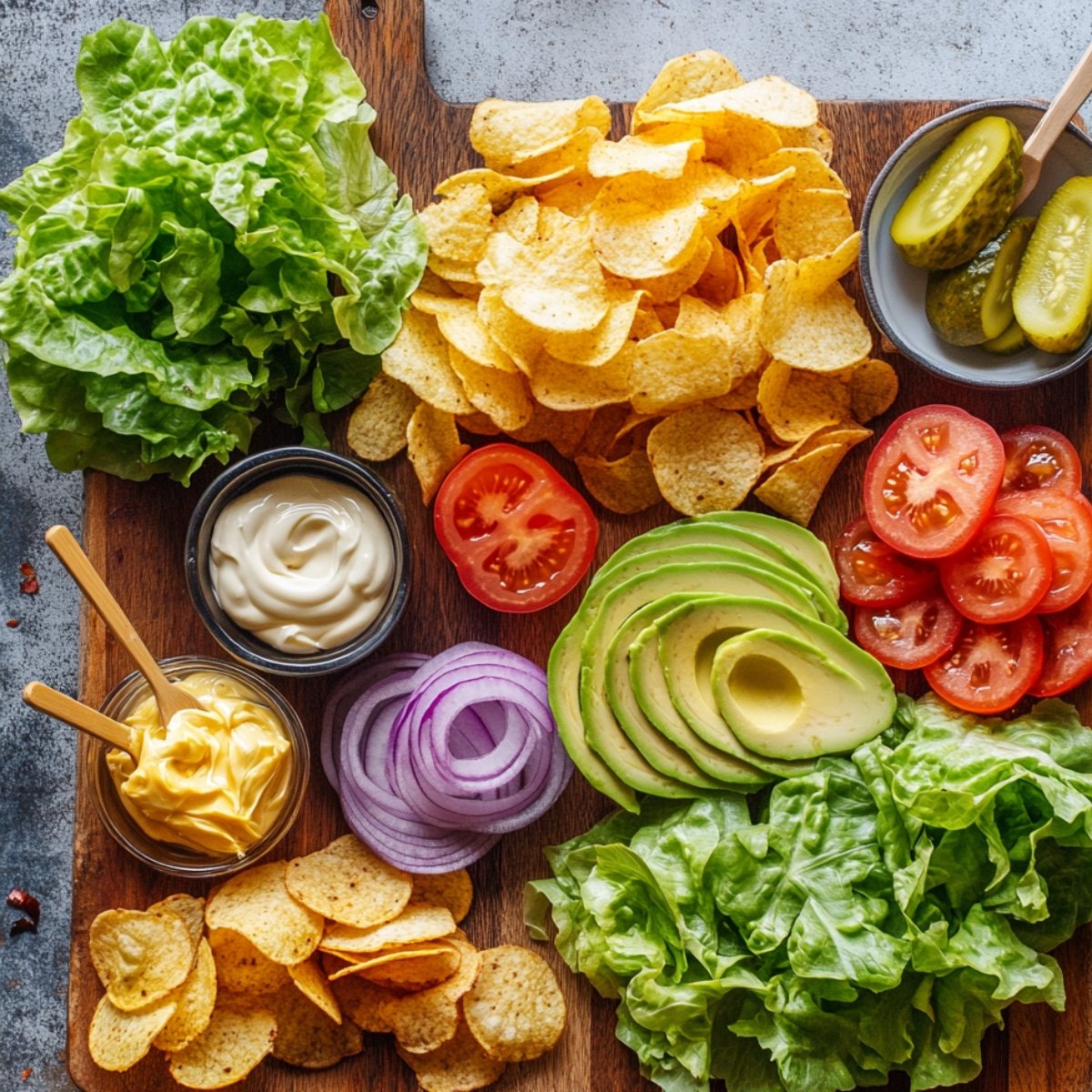 Club sandwich toppings on a wooden board, including lettuce, tomato, avocado, red onion, mayo, mustard, pickles, and potato chips, styled in a fresh, homemade setup.