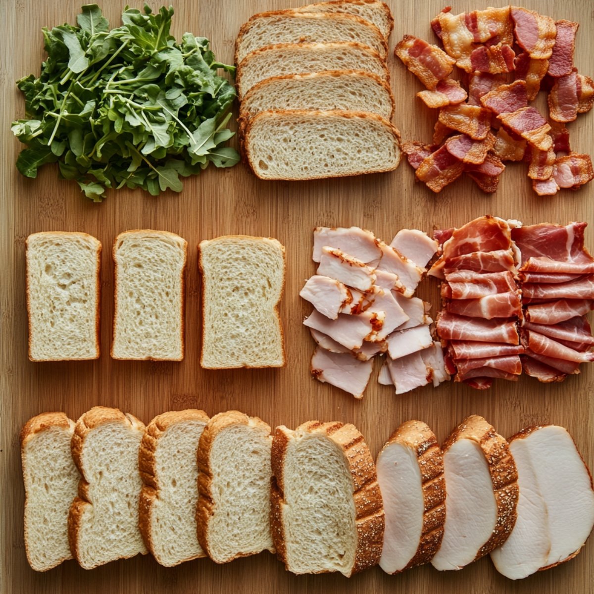 Overhead view of fresh club sandwich ingredients on a wooden board, including white bread slices, crispy bacon, sliced turkey, ham, roasted chicken, and fresh greens, all arranged neatly in a homemade kitchen style.