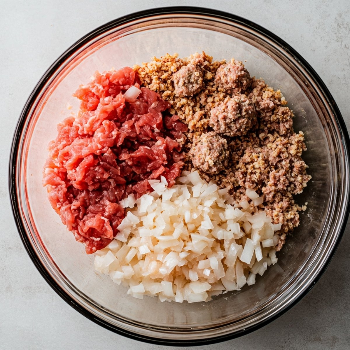 Ground beef, chopped onions, and breadcrumb mixture in a glass bowl for homemade Swedish meatballs.