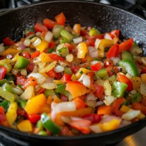 Close-up of a cast iron skillet with sautéed red, yellow, and green bell peppers, onions, and other vegetables, lightly caramelized with black pepper and herbs, giving a fresh, homemade look.