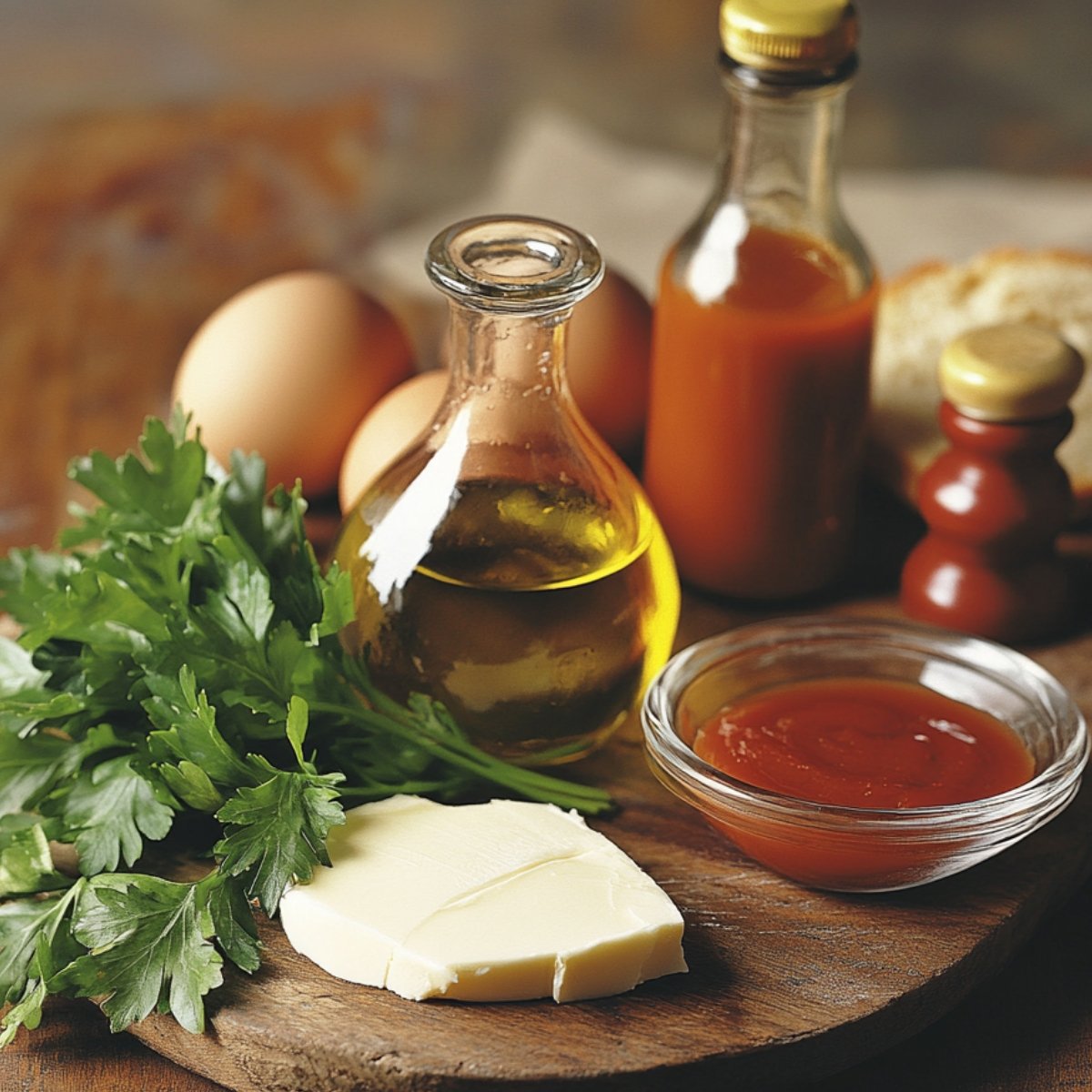Fresh ingredients for Corned Beef Hash: parsley, butter, eggs, olive oil, sauce, and bread on a rustic wooden board