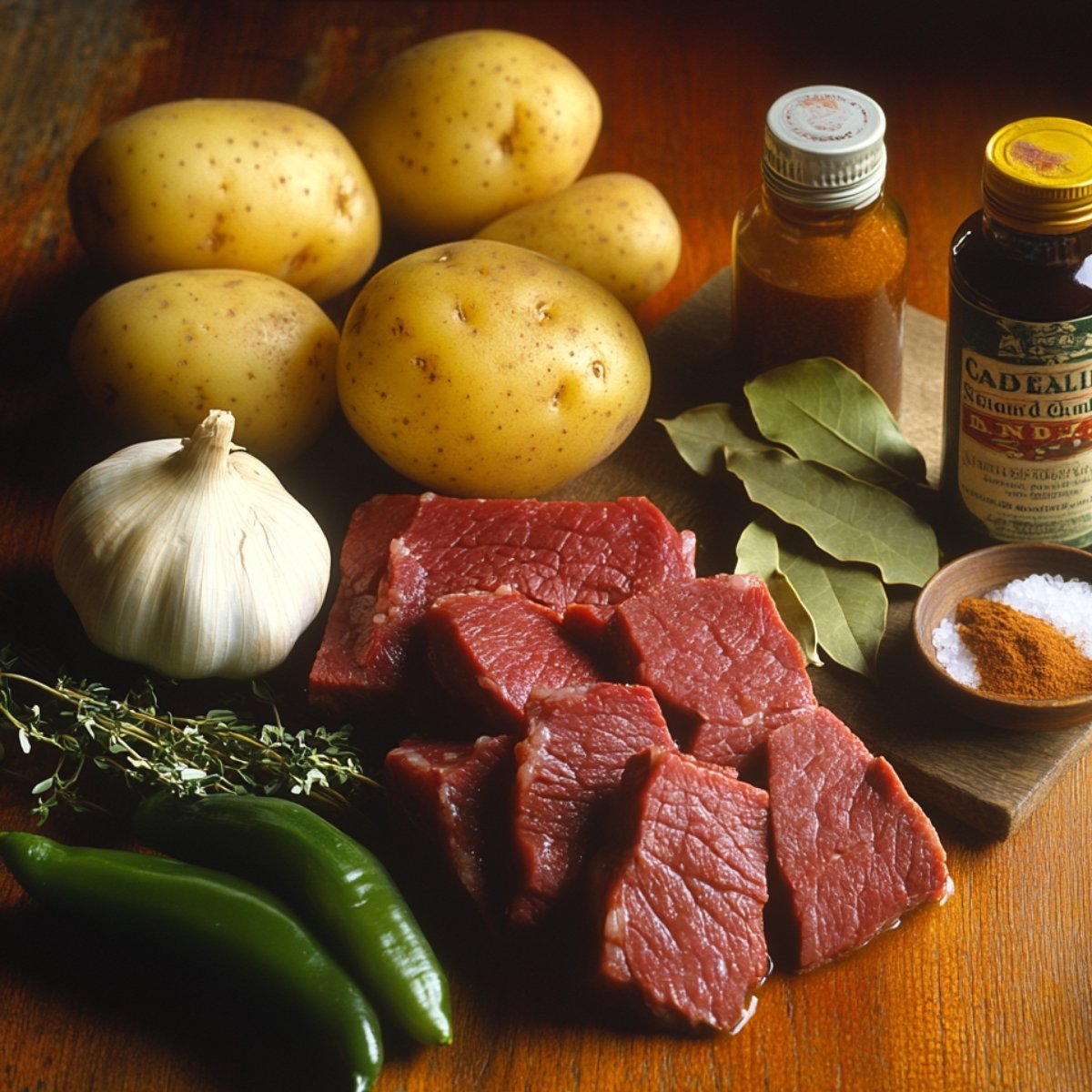 A rustic flat-lay of Corned Beef Hash ingredients: sliced beef cubes, fresh thyme, whole garlic bulb, green chilies, whole potatoes, and bay leaves. Bottles of paprika and seasoning stand nearby, with a small dish of sea salt and paprika, all on a warm wooden surface, creating a cozy, homemade vibe.