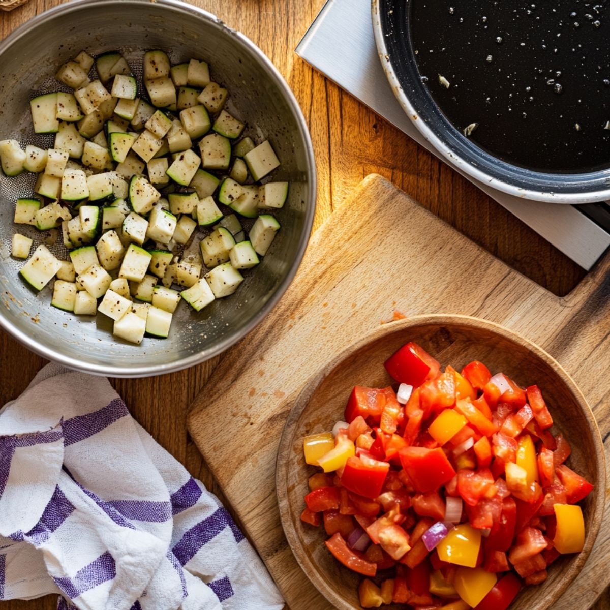 Freshly diced zucchini and bell peppers with tomatoes on a wooden board, next to a pan and striped kitchen towel, during homemade ratatouille prep.
