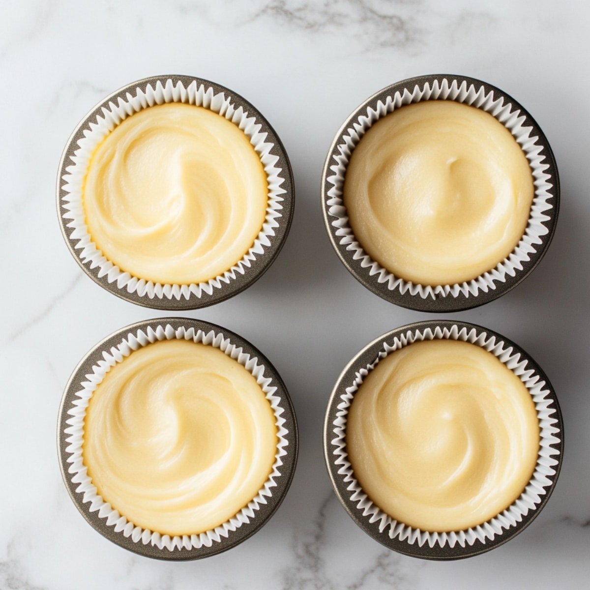 Four unbaked lemon cupcakes in a dark non-stick muffin tin, each filled with smooth, swirled yellow batter in white paper liners on a marble countertop.
