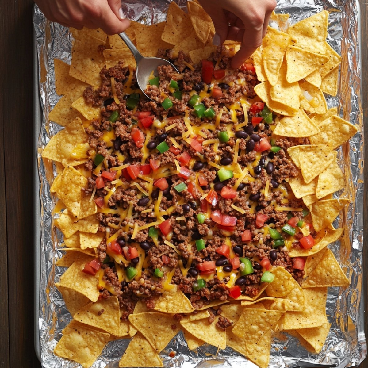 Hands layering nachos on a foil-lined baking sheet with chips, cheese, ground beef, black beans, tomatoes, and peppers.