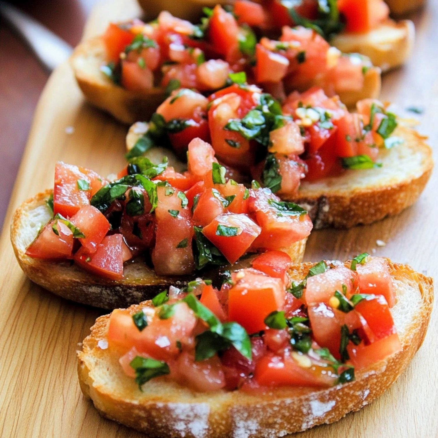 Homemade bruschetta with toasted bread topped with fresh diced tomatoes, basil, garlic, and olive oil on a wooden board.