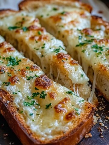 Homemade cheesy garlic bread topped with melted cheese and parsley, cut into slices with golden, crispy edges and gooey cheese pulls.