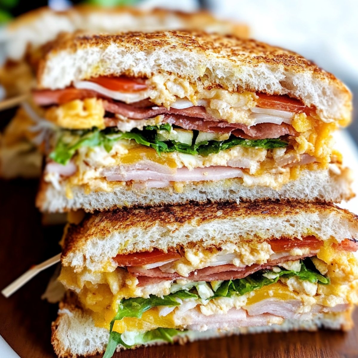 Homemade triple-decker club sandwich with toasted bread, turkey, ham, bacon, lettuce, tomato, scrambled eggs, cheddar cheese, and mayo, sliced and stacked on a wooden board with toothpicks.
