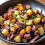 Homemade corned beef hash with crispy potatoes, tender corned beef, and fresh parsley garnish