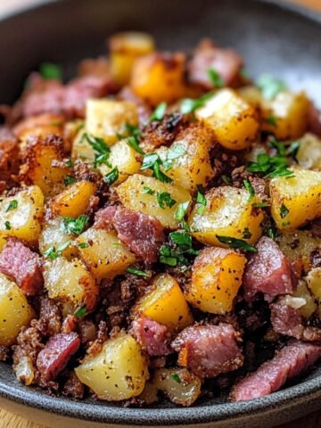 Homemade corned beef hash with crispy potatoes, tender corned beef, and fresh parsley garnish