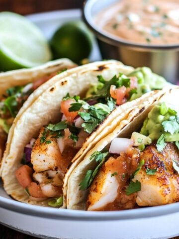 Homemade fish tacos with grilled white fish, guacamole, pico de gallo, and cilantro in charred corn tortillas, served with chipotle sauce and fresh lime on a white plate.