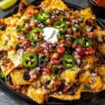 Homemade Nachos Recipe in a cast iron skillet, loaded with melted cheese, seasoned beef, black beans, fresh pico de gallo, jalapeños, olives, and a dollop of sour cream, with lime and salsa on the side.