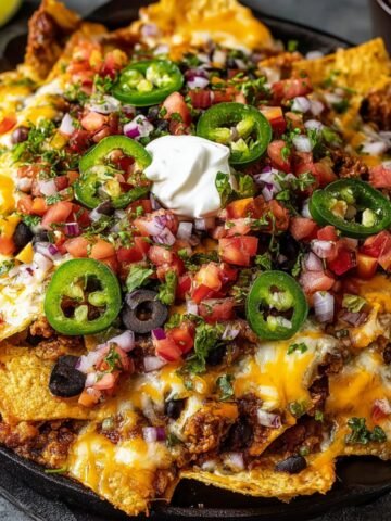 Homemade Nachos Recipe in a cast iron skillet, loaded with melted cheese, seasoned beef, black beans, fresh pico de gallo, jalapeños, olives, and a dollop of sour cream, with lime and salsa on the side.
