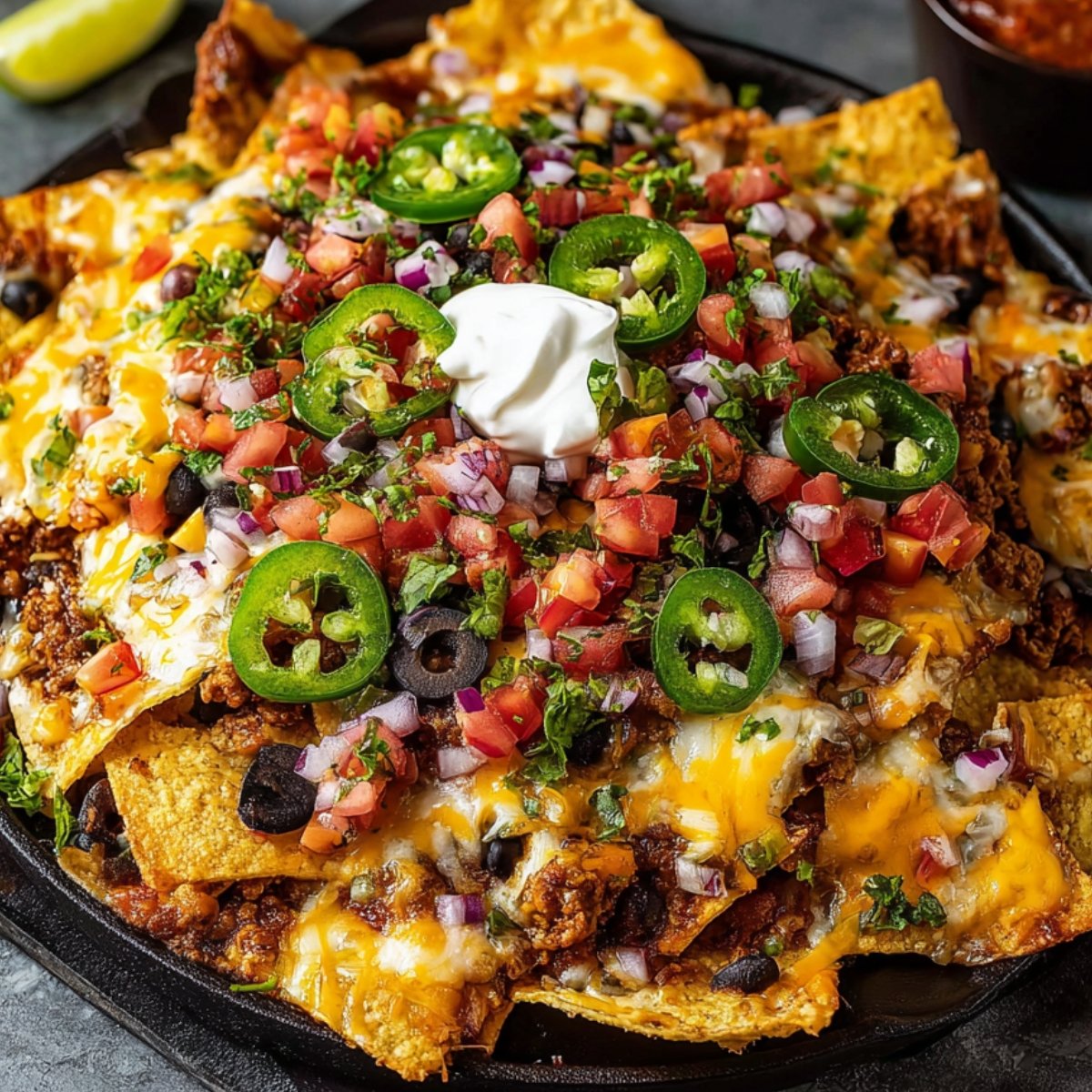 Homemade Nachos Recipe in a cast iron skillet, loaded with melted cheese, seasoned beef, black beans, fresh pico de gallo, jalapeños, olives, and a dollop of sour cream, with lime and salsa on the side.