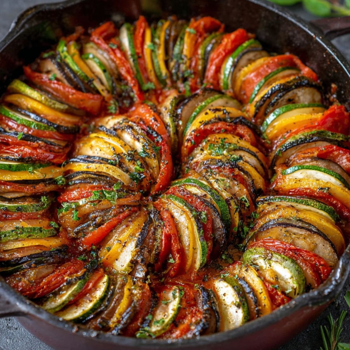 Homemade ratatouille recipe in a cast iron skillet with thinly sliced eggplant, zucchini, yellow squash, and tomatoes arranged in a spiral over tomato sauce, roasted and garnished with fresh herbs.
