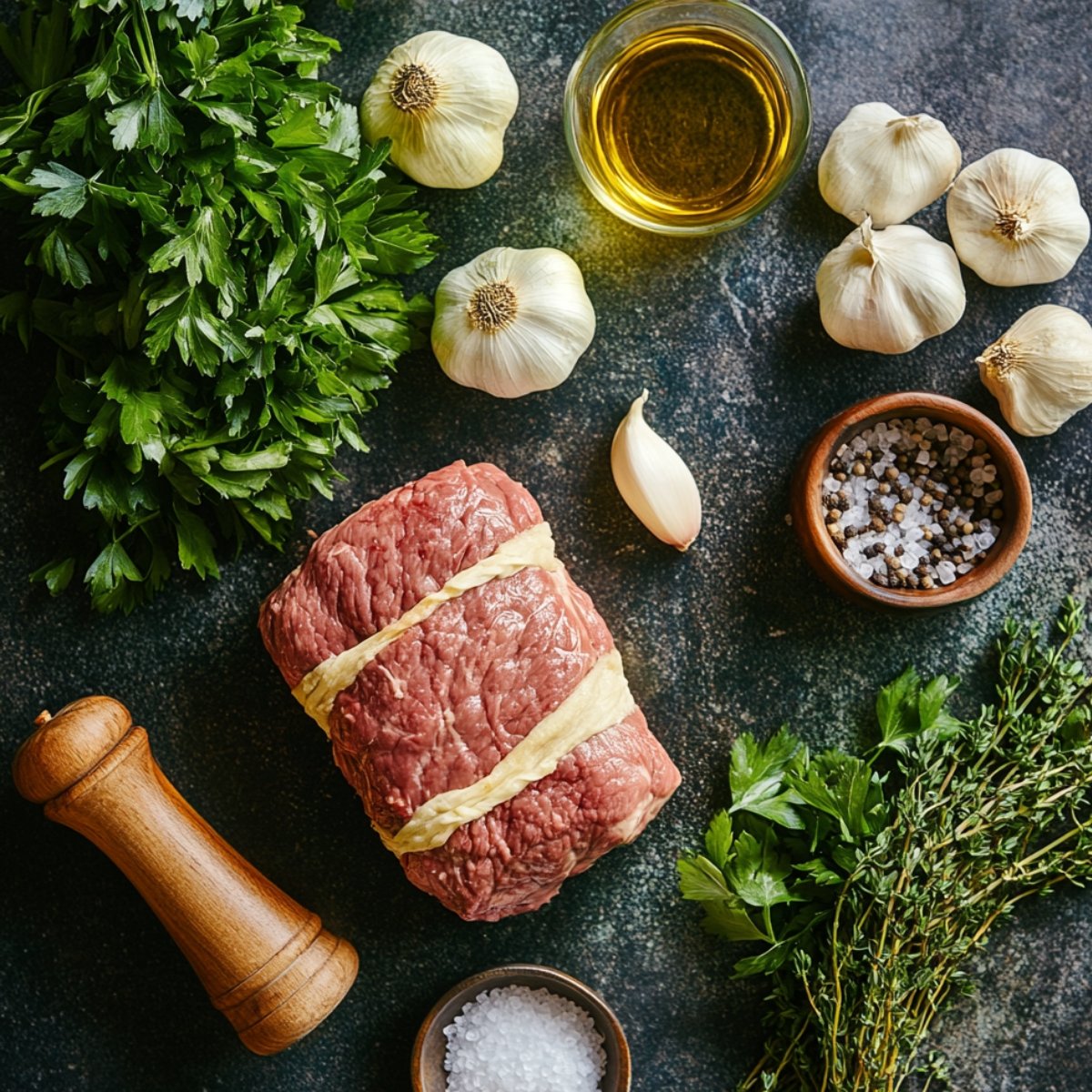 Raw beef tenderloin tied with butcher’s twine, surrounded by fresh parsley, whole garlic bulbs, thyme, sea salt, pepper, olive oil, and a wooden pepper mill on a dark textured kitchen surface—prepped for homemade beef Wellington.