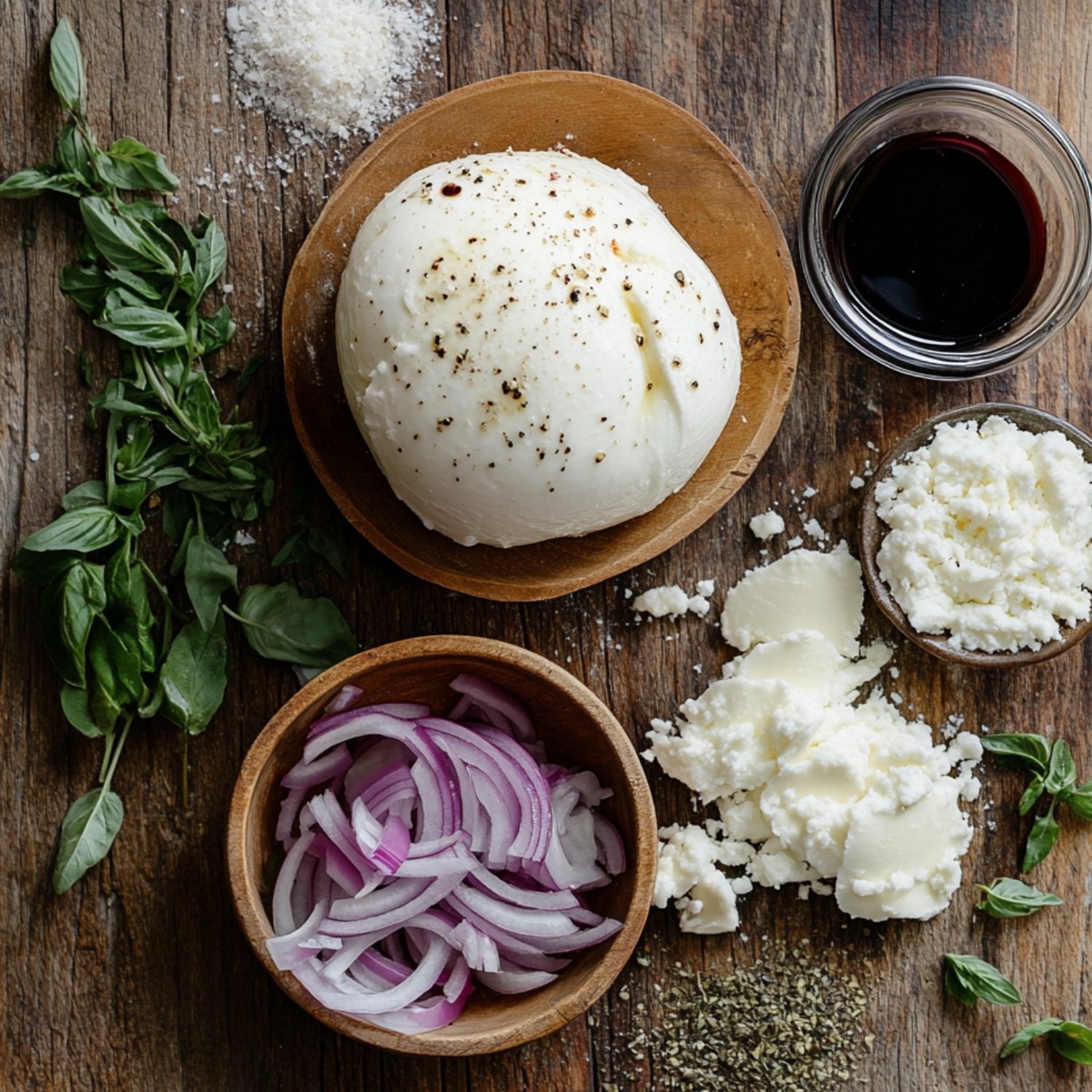 Bruschetta recipe toppings including fresh mozzarella, balsamic vinegar, red onion slices, crumbled cheese, basil, oregano, and grated Parmesan on a rustic wooden surface.