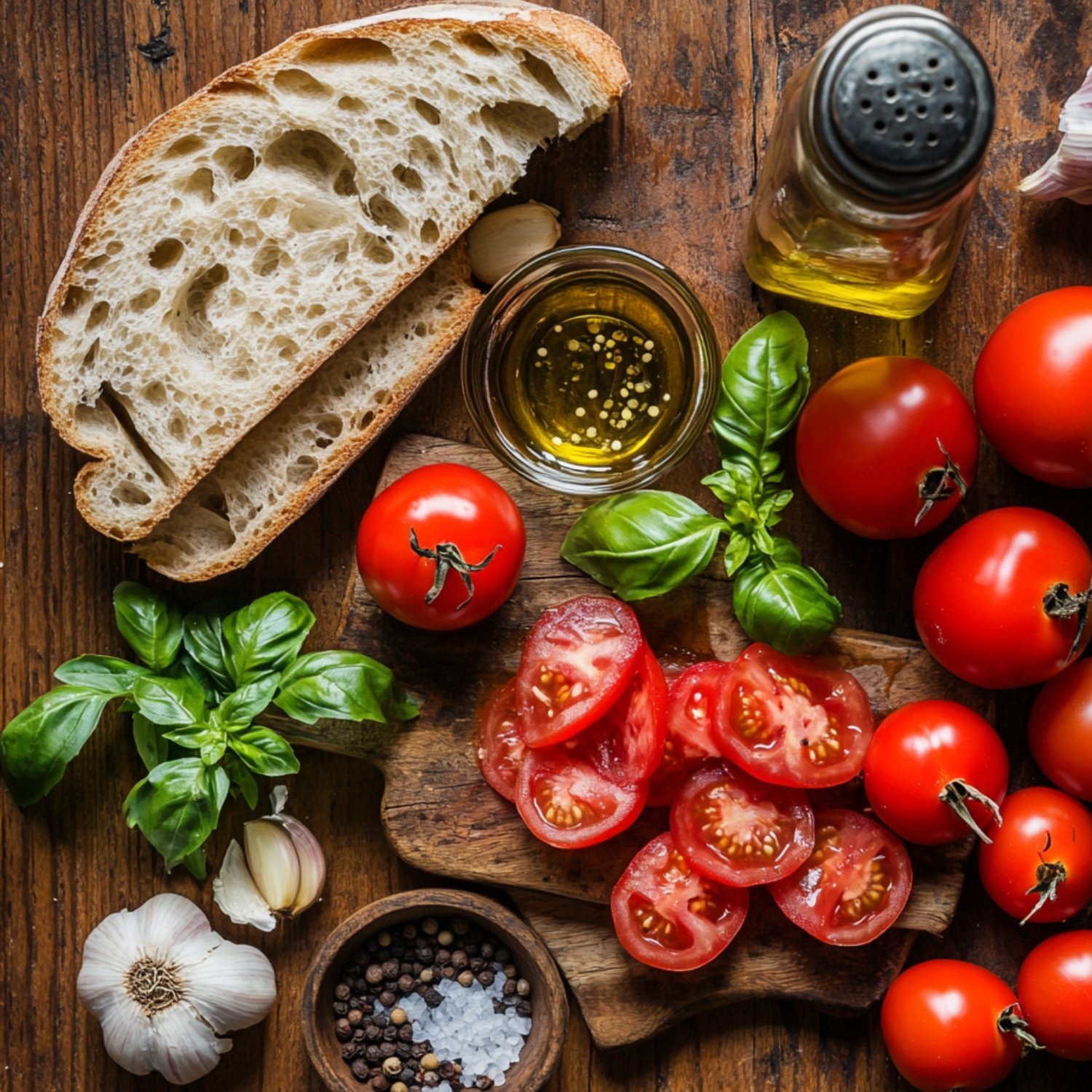Fresh bruschetta recipe ingredients including sliced bread, Roma tomatoes, basil, garlic, olive oil, salt, and pepper on a rustic wooden table.