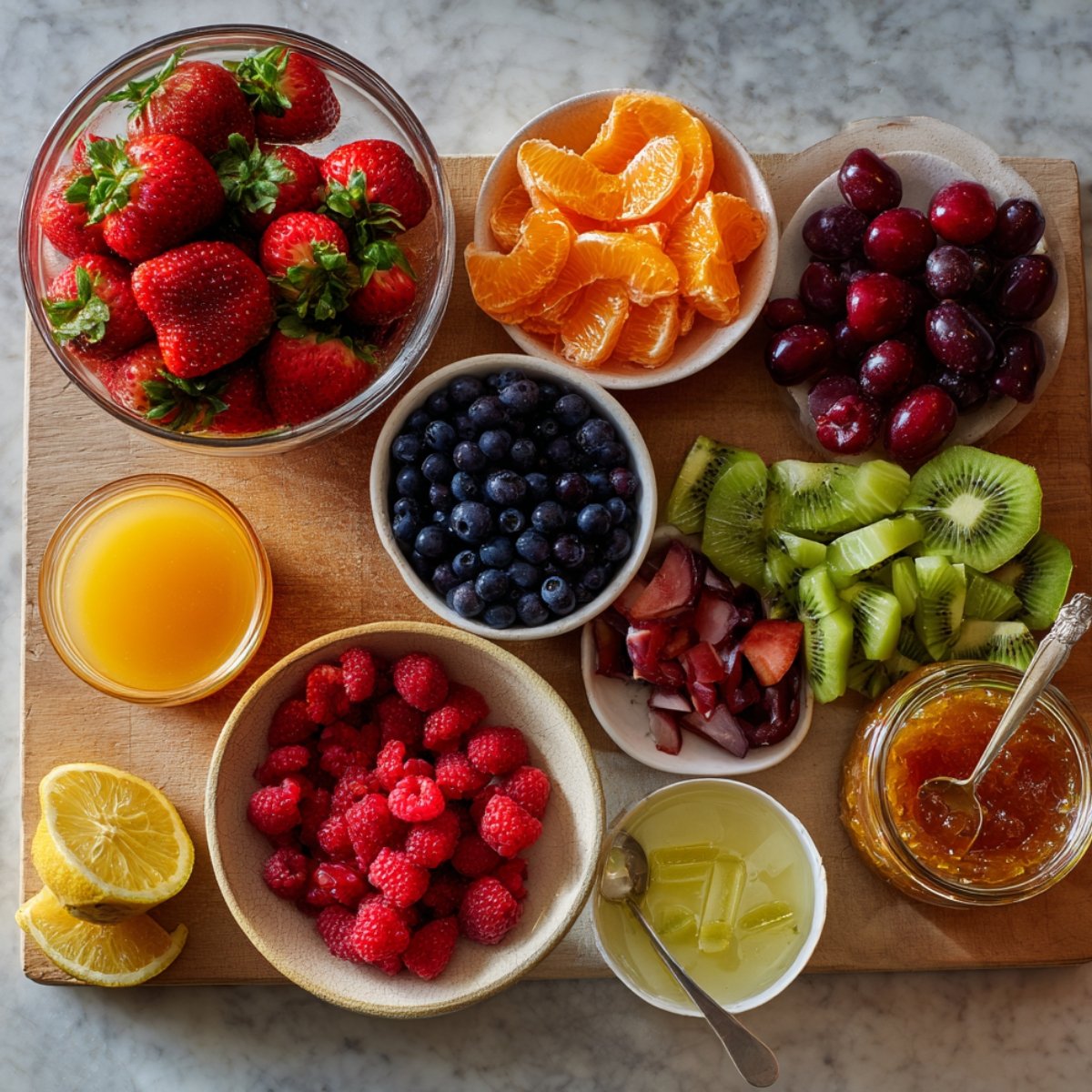 Fresh fruit toppings and glaze ingredients on a wooden board, including strawberries, blueberries, kiwi, mandarin oranges, grapes, raspberries, lemon juice, and apricot jam.