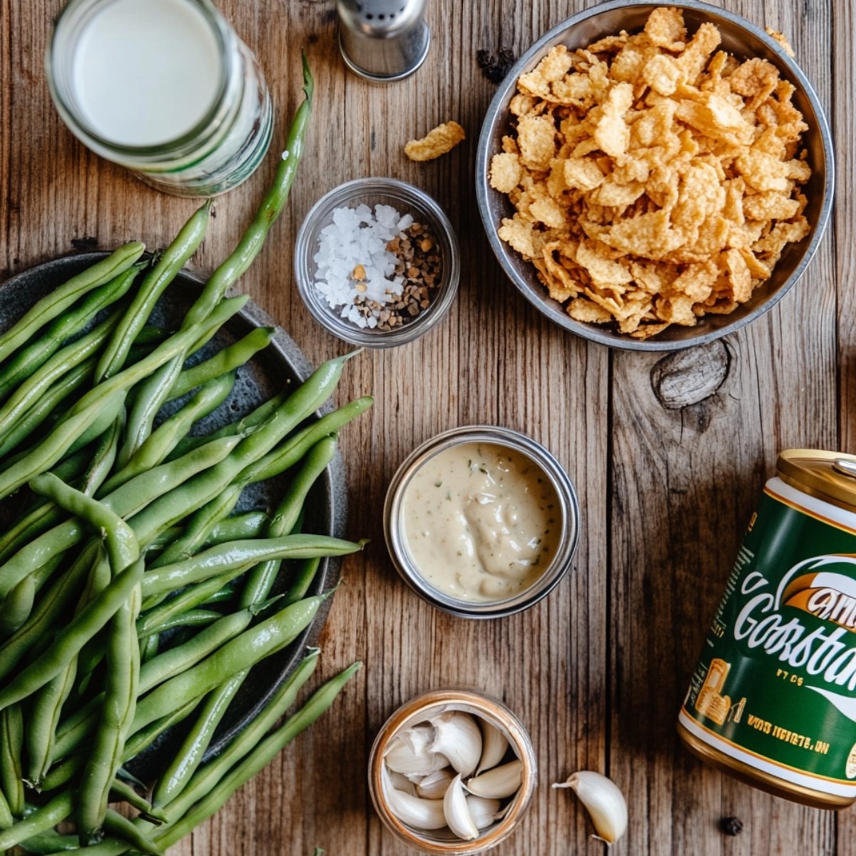 Fresh green bean casserole ingredients on a rustic wooden table, including green beans, milk, garlic, crispy onions, cream soup, and seasonings.