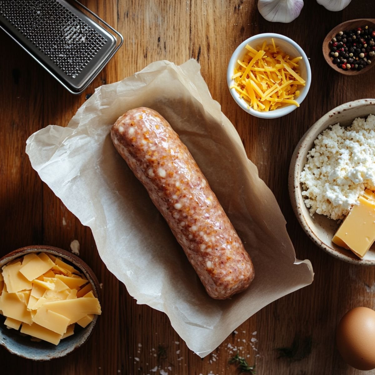 Raw breakfast sausage on parchment paper surrounded by shredded and sliced cheddar, cream cheese crumbles, black pepper, a whole egg, and garlic on a wooden kitchen surface.