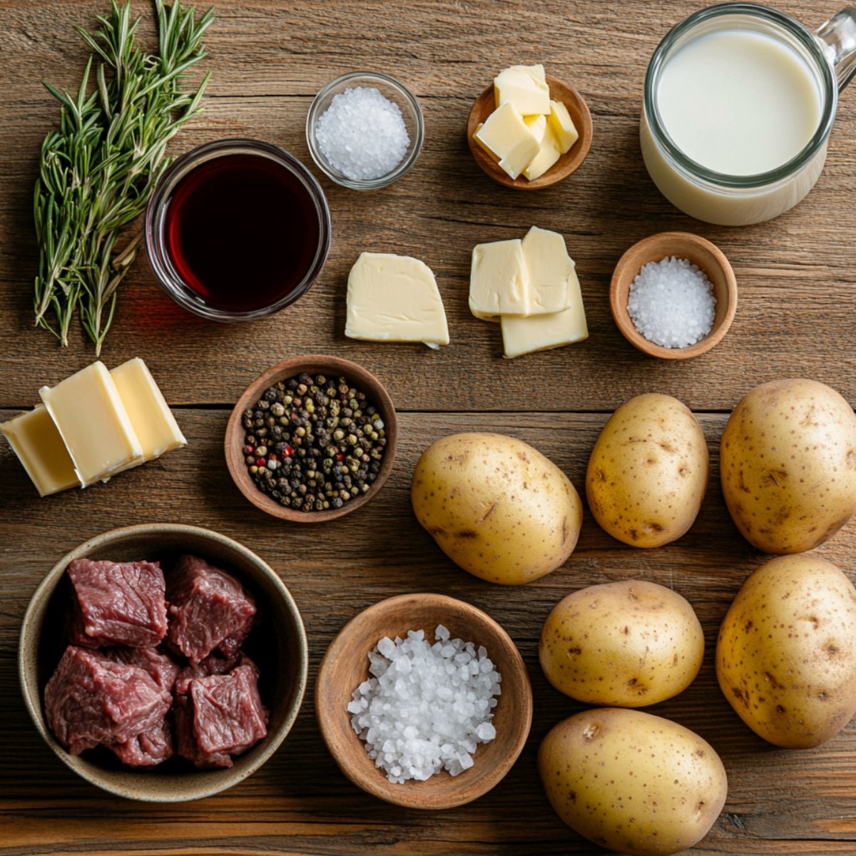 Fresh shepherd’s pie ingredients on a wooden surface, including Yukon potatoes, butter, milk, rosemary, red wine, beef chunks, cheddar cheese, salt, and black pepper.