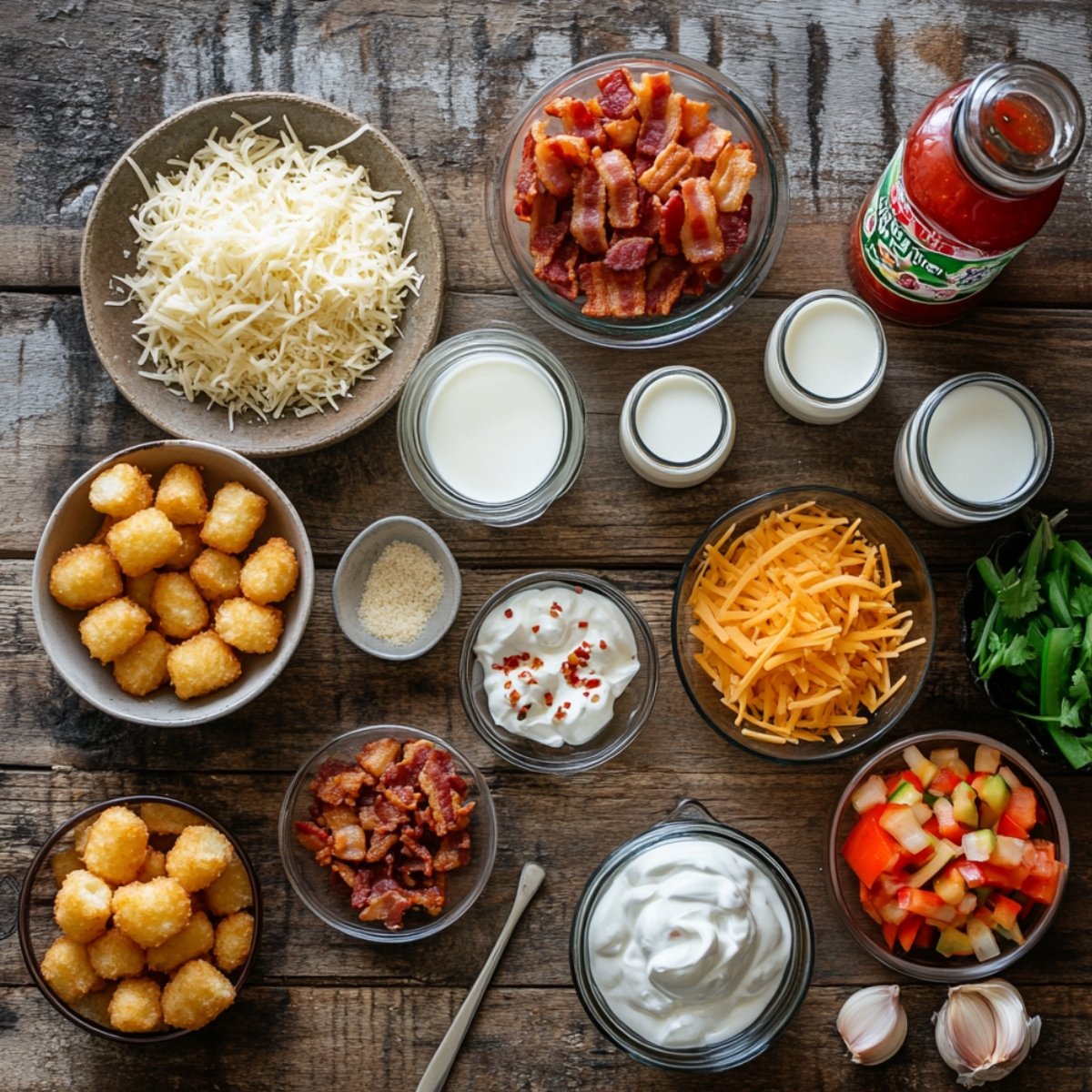 Loaded tater tot casserole ingredients on a wooden table, including bacon, shredded cheeses, sour cream, tater tots, milk, chopped vegetables, and green onions.