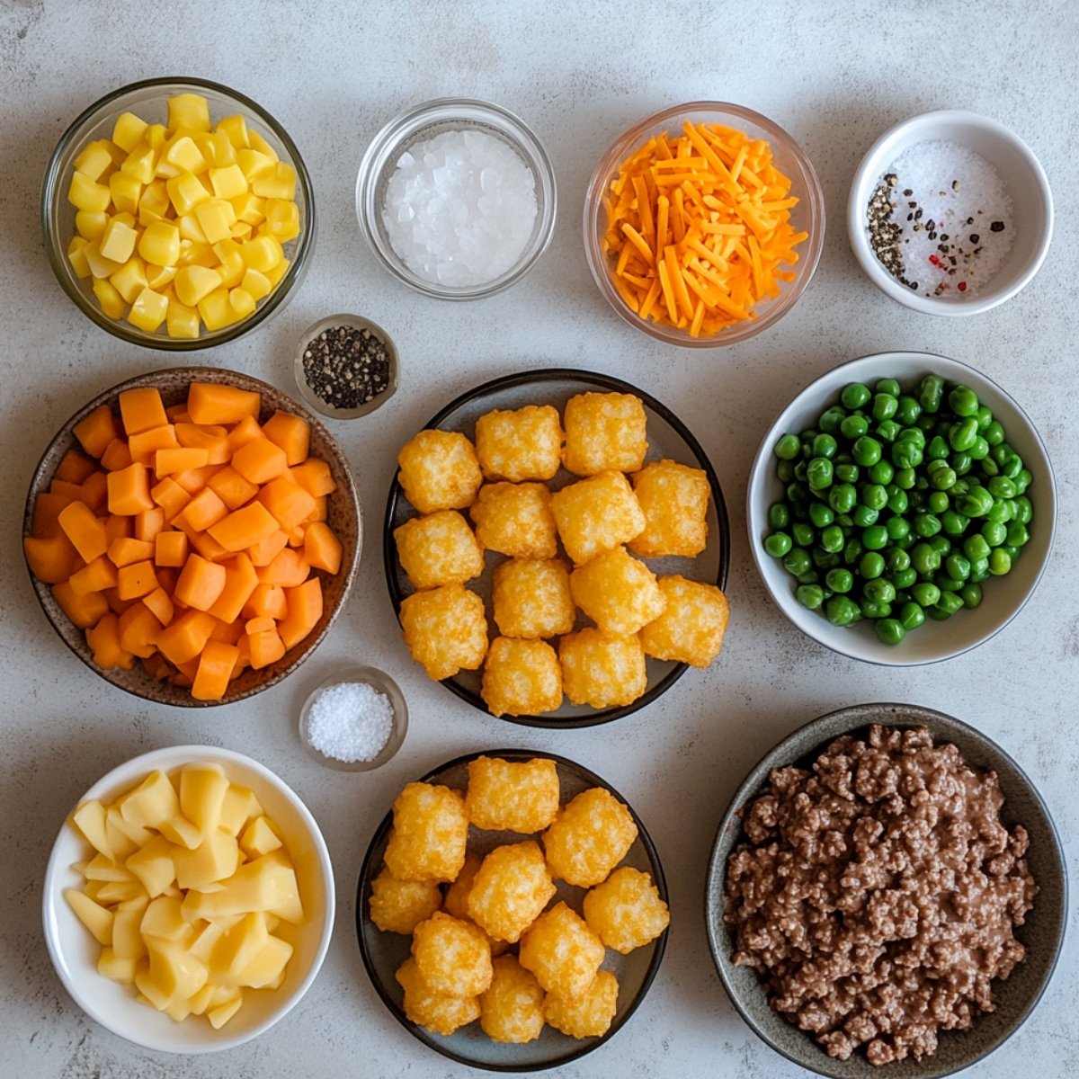 Ingredients for homemade tater tot casserole arranged in bowls, including ground beef, tater tots, peas, carrots, corn, potatoes, shredded cheese, salt, and pepper on a kitchen counter.