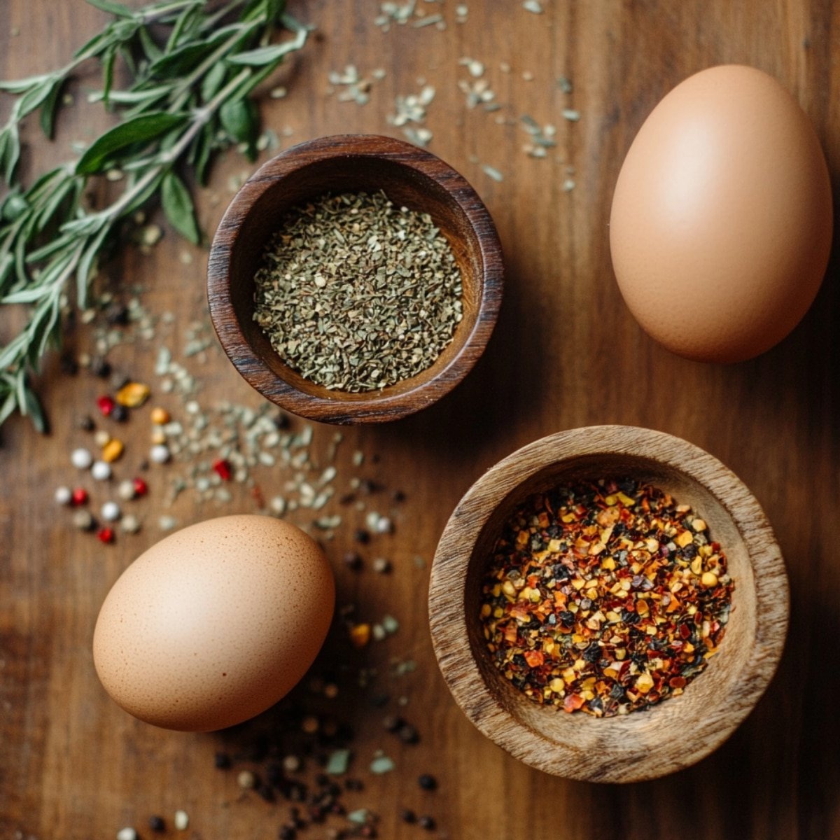 Brown eggs, dried herbs, and red pepper flakes on a wooden surface with scattered spices and rosemary.