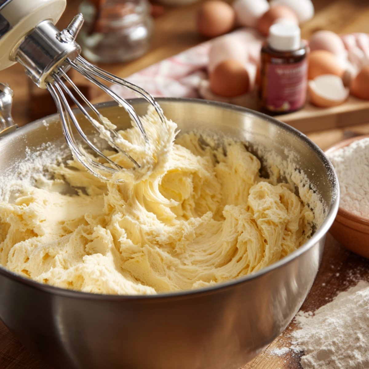 Creamy sugar cookie dough being mixed in a metal bowl with a whisk attachment, surrounded by flour, eggs, and vanilla in a cozy kitchen setting.