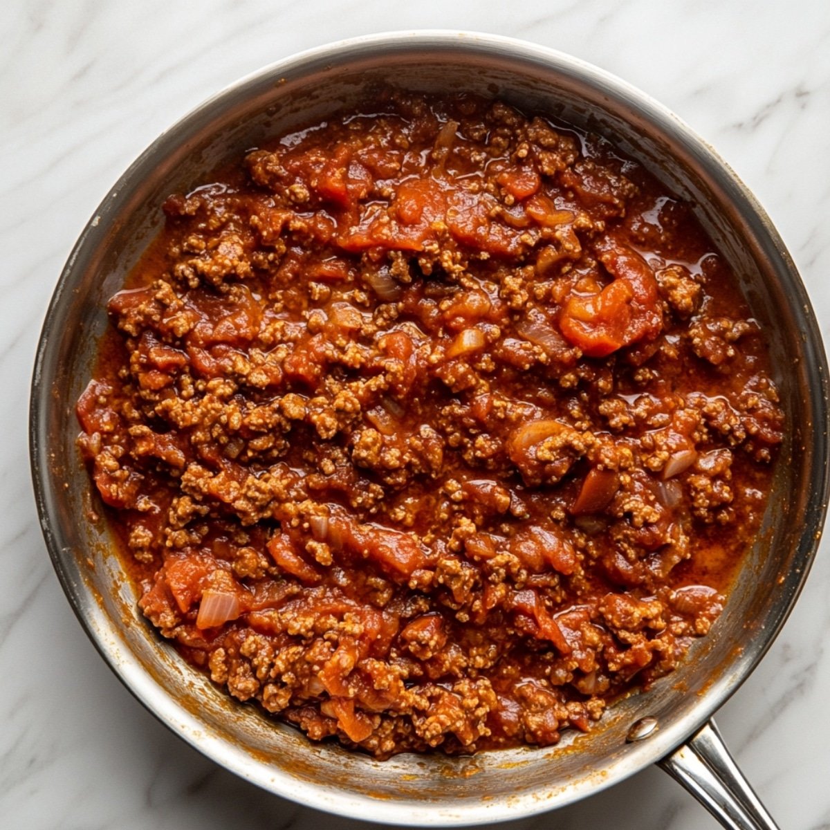 Homemade meat sauce with ground beef, tomatoes, and onions simmering in a stainless steel skillet on a marble countertop.
