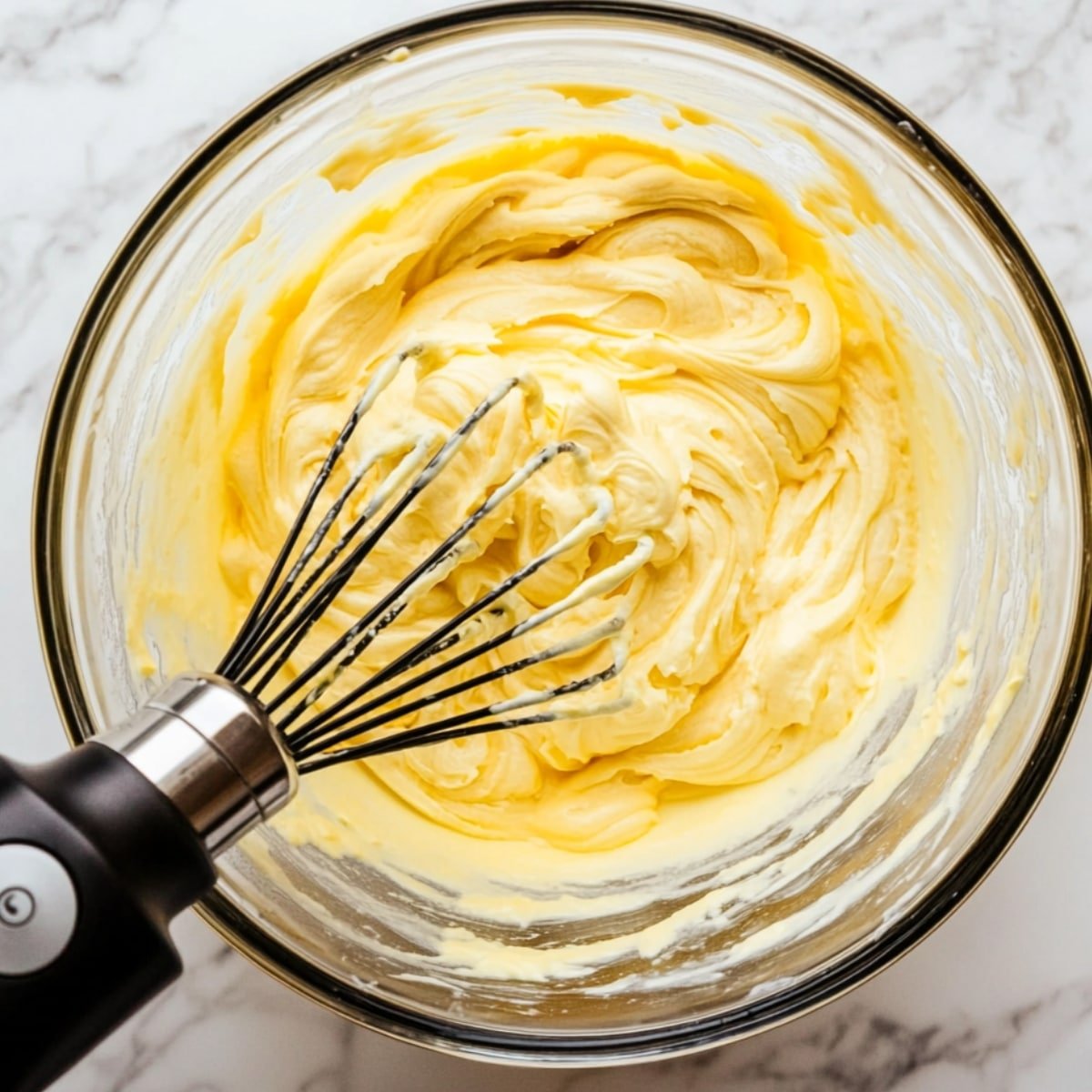 Lemon cupcake batter being mixed in a clear glass bowl with a handheld whisk, showing a smooth, creamy texture and swirls on a marble countertop.