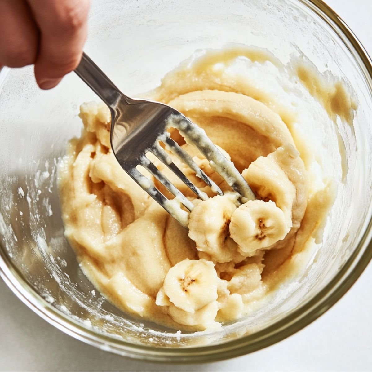 Hand mashing sliced bananas into batter with a fork in a clear glass bowl, preparing homemade banana bread.