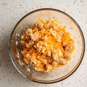 Unmixed sausage ball dough with shredded cheddar, sausage, and biscuit mix in a glass bowl on a speckled countertop.