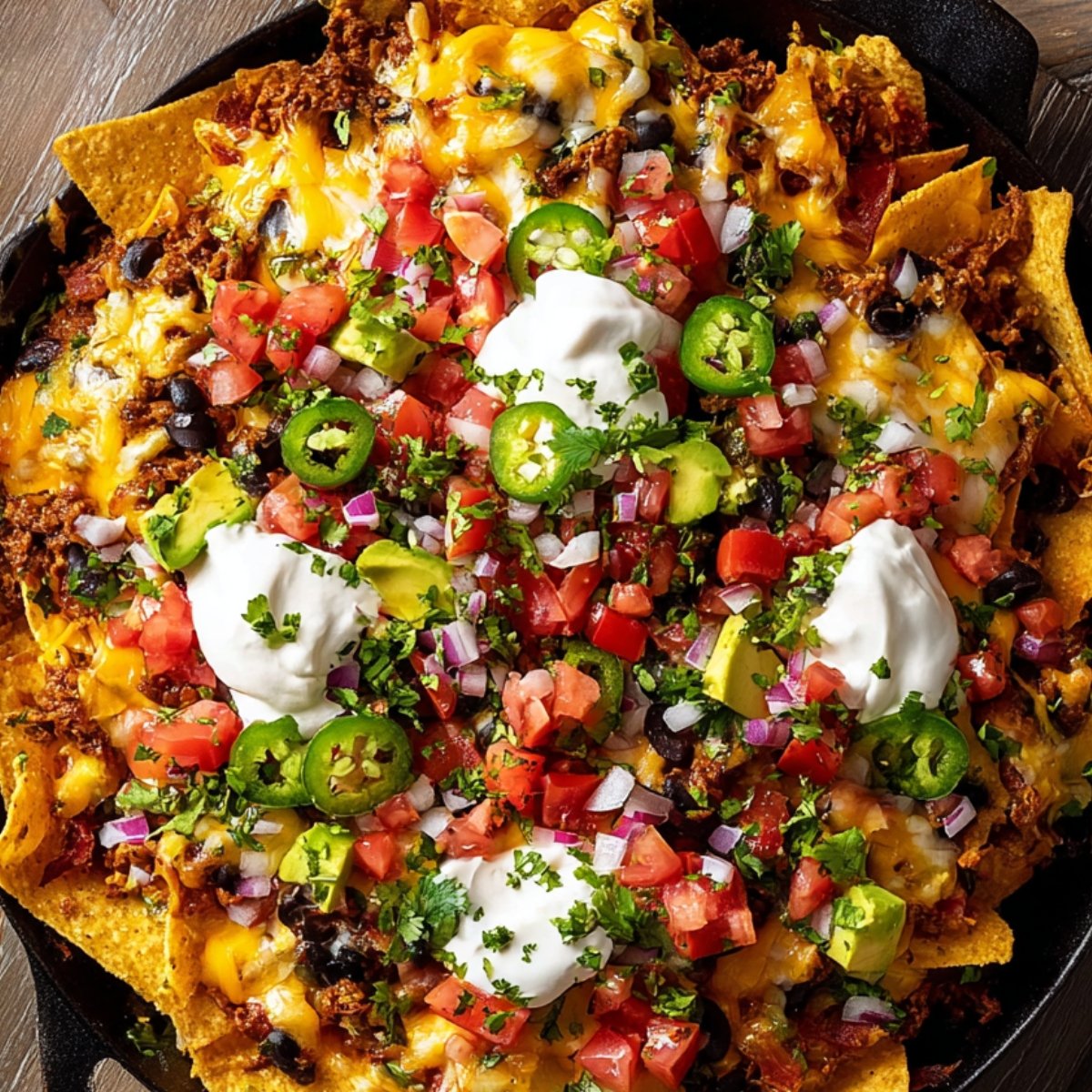 Loaded homemade nachos in a skillet with melted cheese, ground beef, black beans, tomatoes, onions, jalapeños, avocado, sour cream, and cilantro.
