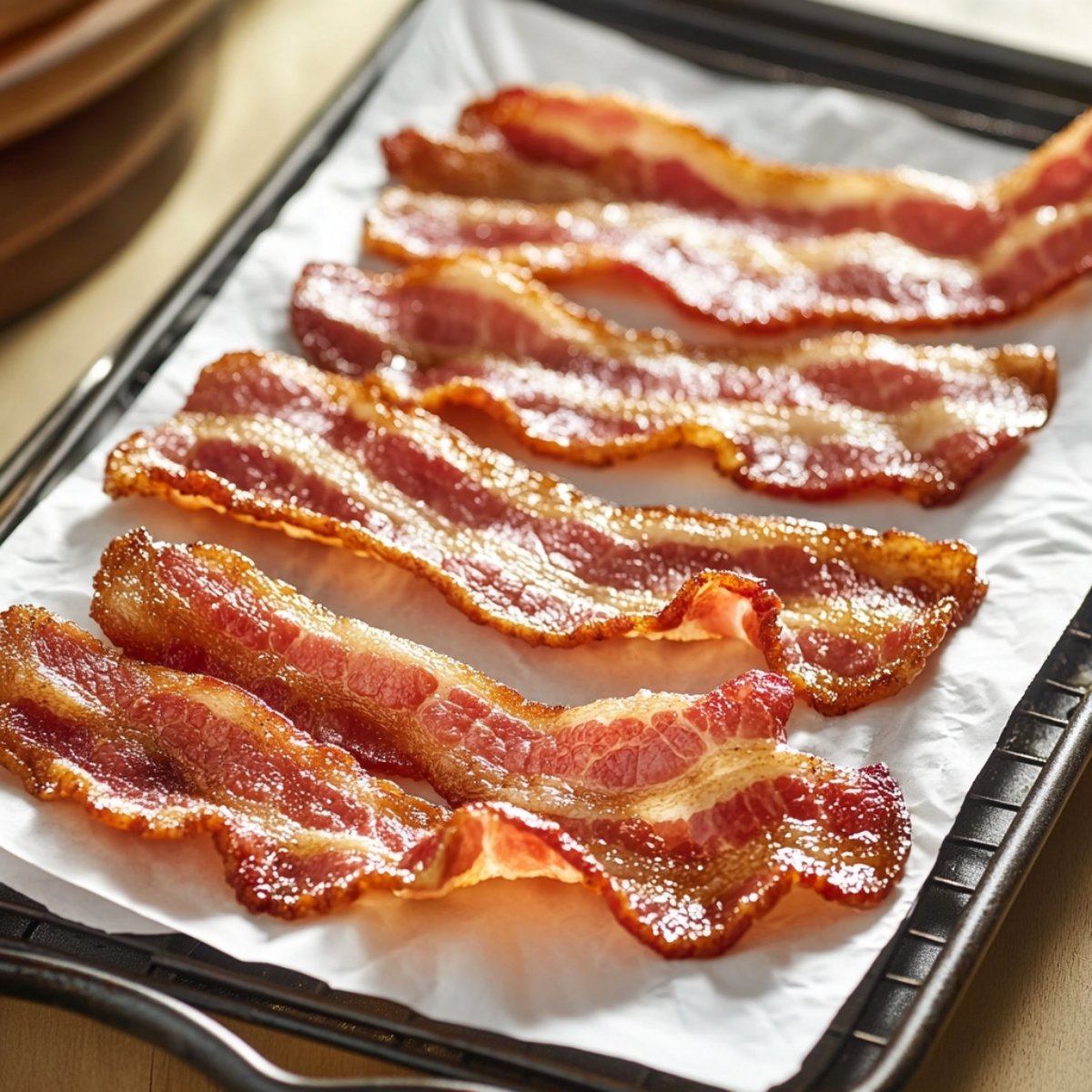 Crispy cooked bacon strips draining on parchment paper over a cooling rack in a home kitchen.