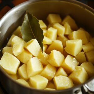 Close-up of cubed potatoes cooking in a stainless steel pot with a bay leaf on top. The potatoes are golden and slightly shiny, indicating they're being sautéed.