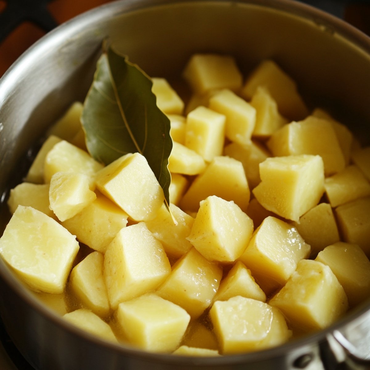 Close-up of cubed potatoes cooking in a stainless steel pot with a bay leaf on top. The potatoes are golden and slightly shiny, indicating they’re being sautéed.