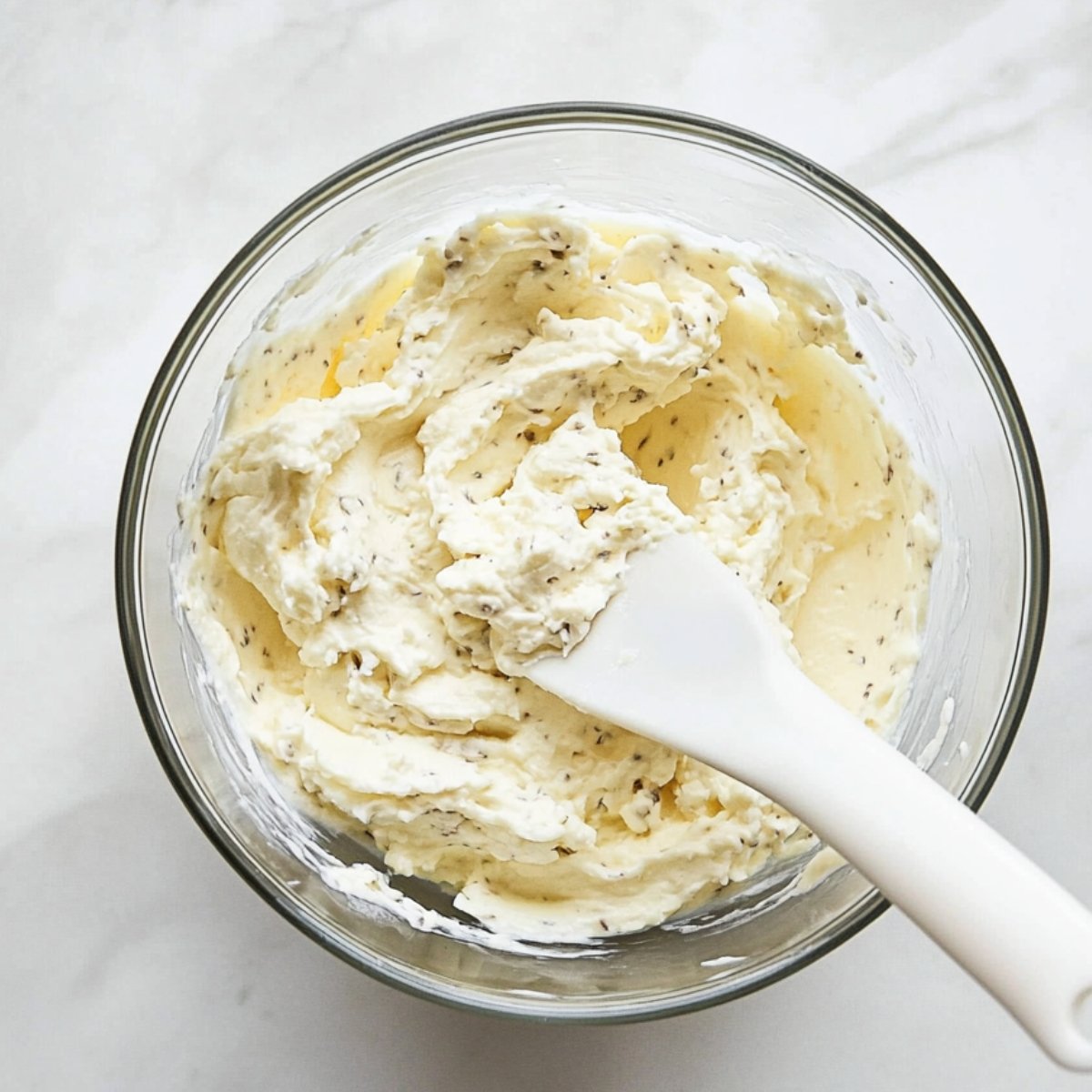 Creamy ricotta cheese and herb mixture in a glass bowl with a white spatula on a marble surface.