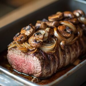 Roasted beef tenderloin topped with mushrooms and onions in a pan, cooked medium-rare with pan juices-part of beef Wellington prep.