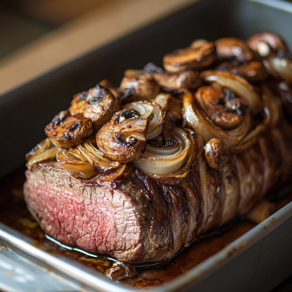 Roasted beef tenderloin topped with mushrooms and onions in a pan, cooked medium-rare with pan juices—part of beef Wellington prep.