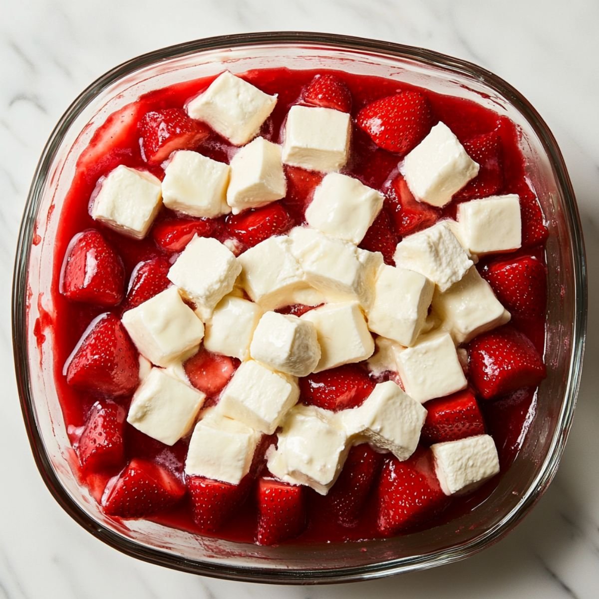 Glass dish filled with fresh strawberries, strawberry filling, and scattered cream cheese cubes, ready to bake on a marble countertop.