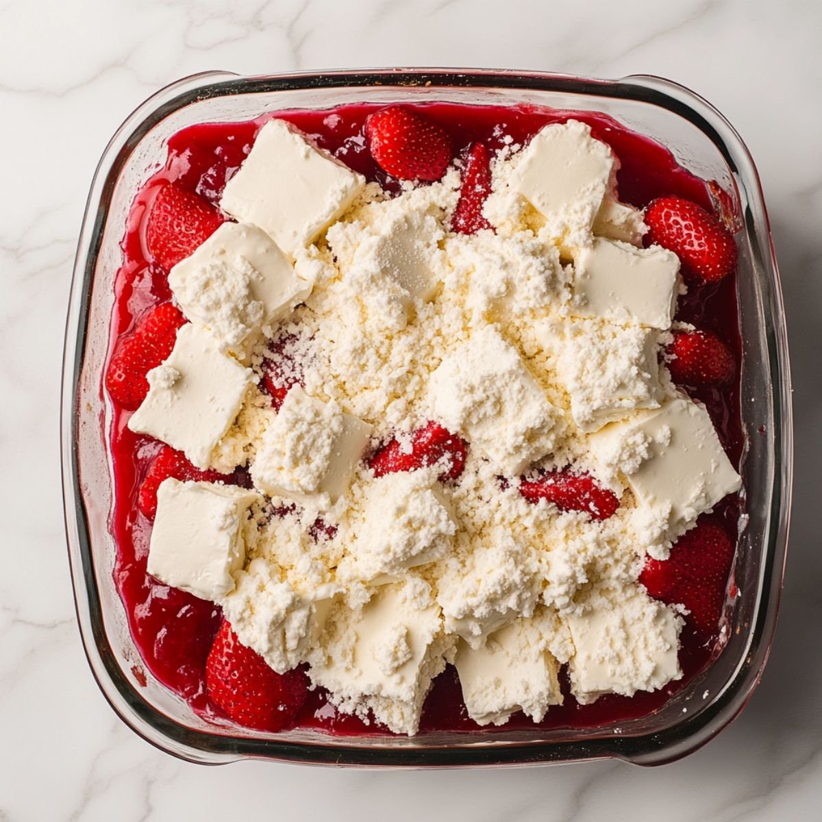 Unbaked strawberry cheesecake dump cake in a glass dish with fresh strawberries, cream cheese slices, and dry cake mix sprinkled on top, shown on a marble surface.