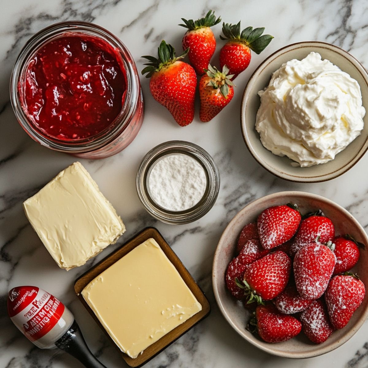 Top-down view of ingredients for strawberry cheesecake dump cake, including strawberry filling, cream cheese, butter, whipped cream, fresh strawberries, powdered sugar, and vanilla extract on a marble countertop.